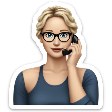 Realistic Photo of Brunette Jennifer Lawrence wearing black glasses and blue eyes talking on the phone  sticker