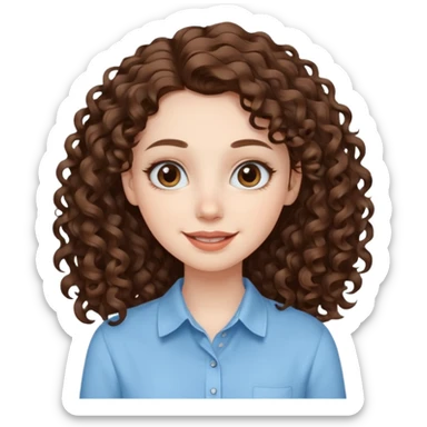 Light brown eyed female with pale skin. She has big eyes, curly and long dark brown hair and thin lips smiling. sticker