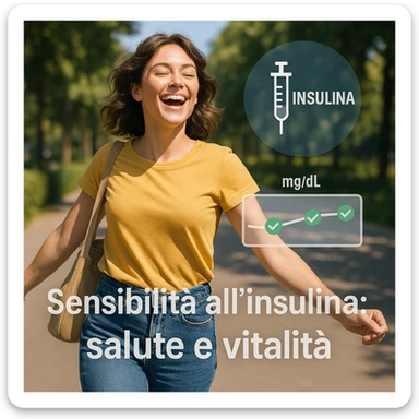 woman in casual clothing walking outdoors energetically, happy expression, stylized insulin symbol and normal glycemic values overlaid transparently, Italian text 'Sensibilità all’insulina: salute e vitalità', 4K quality sticker