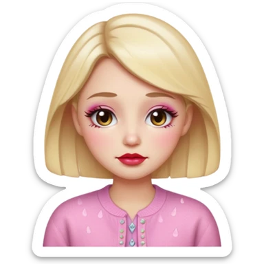 “Emoji girl, dewy skin, heavy blush across cheeks and nose bridge, glossy cherry lips, soft eyeliner, teary sparkling eyes, pastel cardigan.” sticker