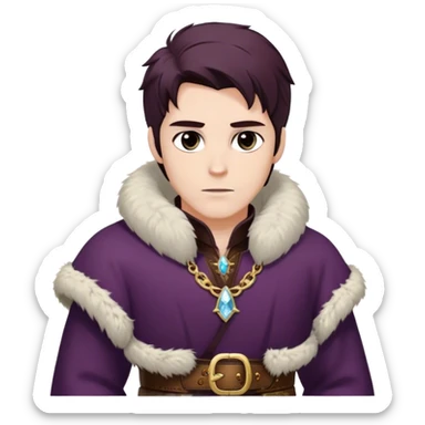 Medieval winter outfit worn by a DnD themed fantasy male character. Thick deep plum wool tunic with ermine fur trim at collar and sleeves, fastened with intricate gold-plated clasps and a heavy tooled leather belt. Clothes only above the waist, full waist coverage. The character has no arms. Character is white-skinned with dark auburn hair, misty gray eyes, and shoulder-length hair with crystalline frost at the tips. sticker