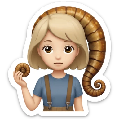 Shelly has a small, chibi-style body with a large ammonite-shaped head that looks like a beige fossil shell. One side of her head has a dark opening, making it clear she isn’t human. Her face is simple and soft, with big round eyes. She wears a brown suspender outfit over a lighter shirt sticker