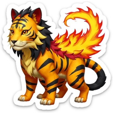 Volcanic Fiery Colorful exotic dark-colored, vibrant, golden, burning, badass, cool, realistic Pyroar-Sprigatito-Torracat-Litten-Luxray-Tigress-Tiger-Liger-Hybrid-Fakemon-Creature (full body) sticker