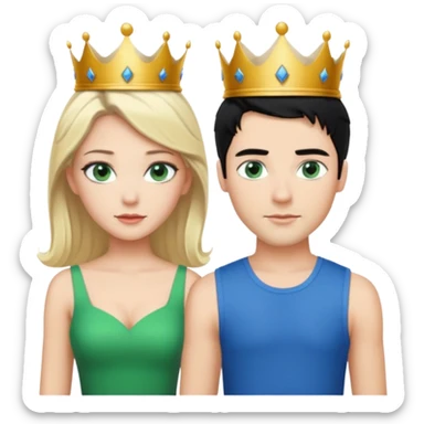 Prince with crown, black hair, body, legst, blue eyes, woman blonde hair, green eyes, sexy white short sleveless dress,  sticker