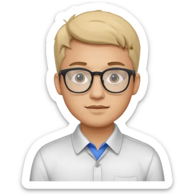 a man in his early 20s wearing glasses for a tech company, his job is marketer sticker