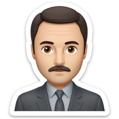 John Saxon with dark brown hair and short mustache, dark grey suit sticker