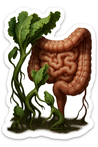 Ultra-realistic 4K illustration: stylized lettuce leaves depicted as plant-like creatures interacting with a human anatomical model of the intestine. The scene is surreal and scientific, with organic textures, refined biological details, dramatic lighting, and a bio-fantasy photorealistic style sticker