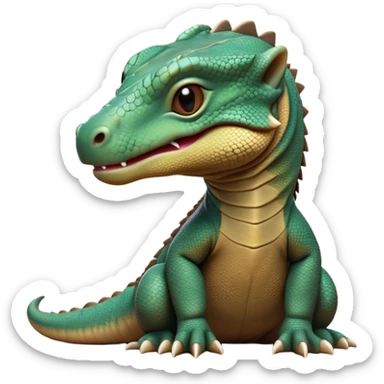 Cinematic Realistic Cute Komodo Dragon Portrait Emoji, Head tilted playfully and inquisitively, featuring a compact, robust build with finely detailed, textured scales in natural earthy hues and a characteristically alert face with bright, curious eyes, rendered with lifelike clarity, high shine, affectionate and surprisingly endearing, styled with a touch of wild charm, soft glowing outline, capturing the essence of a mischievous yet lovable Komodo dragon that seems poised to inch its way out of the screen into your arms! sticker