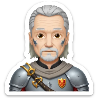elderly tattooed knight, tattooed shoulder, long hair sticker