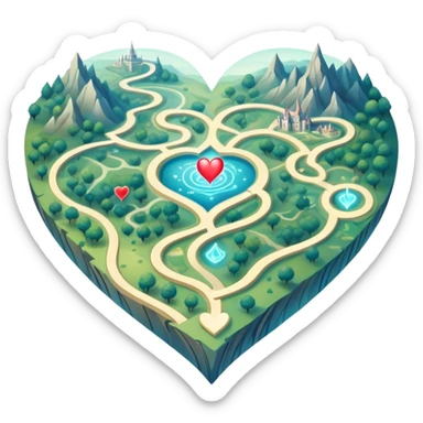 Magical cartography map with abstract heart-shaped pathways blending into the terrain lines, glowing ethereal map symbols sticker