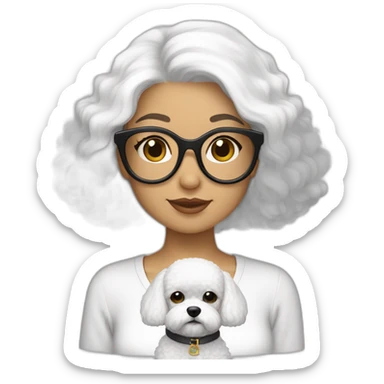 mujer piel blanca cabello negro gafas  y perro bichon blanco sticker