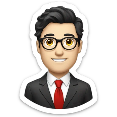 Man in a suit and red necktie with black side sweep hair, pale skin, black reading glasses, sticker