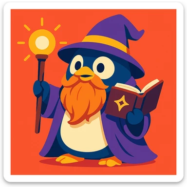 chubby penguin in wizard attire, with a long beard and a spellbook, vibrant toon style sticker