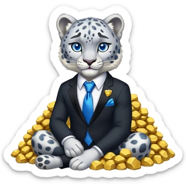 muscular snow leopard in black suit with blue tie sitting on pile of gold nuggets sticker