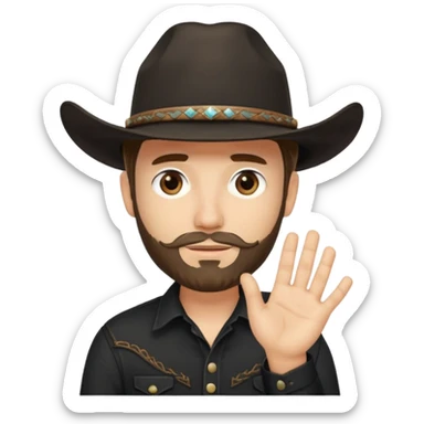 Man with short beard, wearing a cowboy hat, black shirt, with hand covering half his face sticker