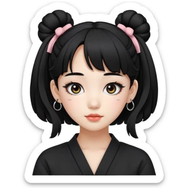 a beautiful girl face, wearing cute korean makeup, black hair, tied into two buns low near the ears with front bangs, kpop idol sticker