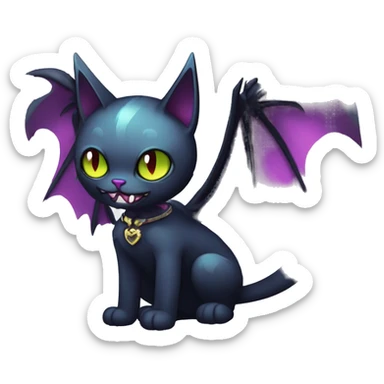   cool edgy kawaii ethereal dark-punk-themed animal vampiric cat-hybrid Fakemon with fangs and bat-wing-ears with a collar full body sticker