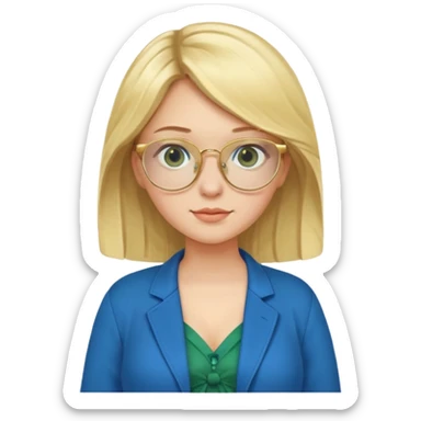 pregnant blonde 18-year old with golden glasses in a bright blue dress and a dark green jacket on top of the blue dress sticker