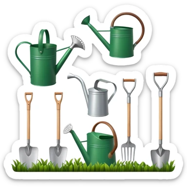 gardening tools collection with shovel rake watering can sticker