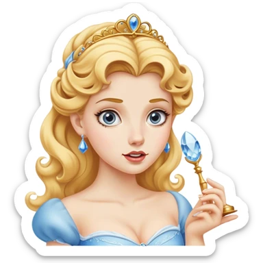 Cinematic Funny Cinderella Portrait Emoji, Stunned expression as she holds a glass slipper much too big, one eyebrow raised, golden curls slightly messy, a mix of royal grace and unexpected humor, capturing a lighthearted twist on her fairy tale moment! sticker