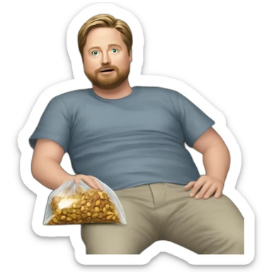 tim heidecker with a beard lazy lounging on couch holding a plastic ziploc bag of walnuts sticker
