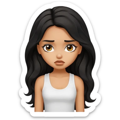 a pretty tan bratz girl with long wavy black hair, wearing a white tank topi. looking sad sticker