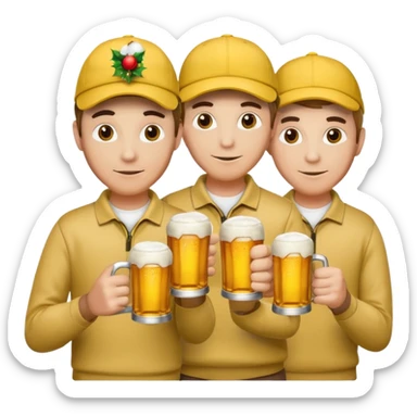 16 men on a golf trip wearing yellow golf caps all holding a beer can with a Xmas style label. Has to be 16 of them. sticker