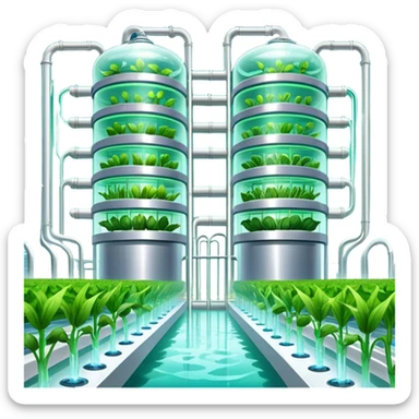 Exterior view of a futuristic hydroponic farm with glowing neon pipes and transparent water channels, sleek buildings shaped like nutrient tanks, vegetables and wheat growing in vertical layers, surreal atmosphere, emoji-style, cartoony sticker