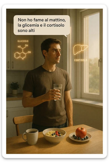 A realistic, cinematic illustration of a man in his early 30s with a lean, healthy build, standing calmly in a bright, minimal kitchen in the early morning. On the kitchen table, there is a prepared but untouched healthy breakfast (oatmeal, fruit, coffee). The man, with a neutral and focused expression, holds a glass of water while looking out of the window where morning sunlight enters. Above him, subtle glowing medical icons display: a glucose molecule, a cortisol hormone symbol, and a liver icon, indicating high morning blood sugar and cortisol levels. A small speech bubble or text overlay says: ‘Non ho fame al mattino, la glicemia e il cortisolo sono alti.’ The scene conveys a sense of calm, clarity, and body awareness, showing that the man consciously avoids breakfast due to physiological signals rather than restrizione. The style is realistic, warm, with a slight film grain, emphasizing health and conscious self-regulation. in italiano sticker