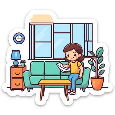 smiling girl arranging furniture in doll house sticker