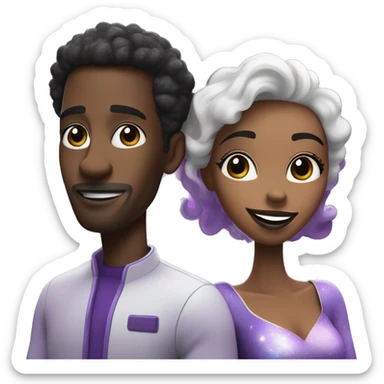 Create a photo of a black man and mixed woman who are married floating in a purple galaxy exploring together and madly in love in the cartoon style of Pixar animation sticker