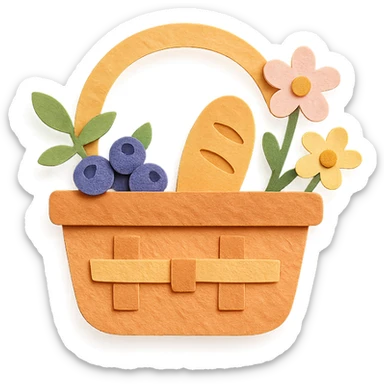 a picnic basket with berries, bread, and flowers, warm pastel shades, paper craft style sticker