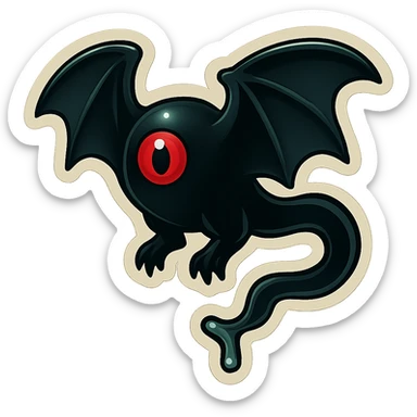 an all black reptilian bat-like creature. One cyclopian red eye in its face. no visible mouth or ears. 2 hind legs with claws. has a long tale with a stinger that drips green poison. no ears. no horns. no arms. visible bone-like stinger at end of tail sticker