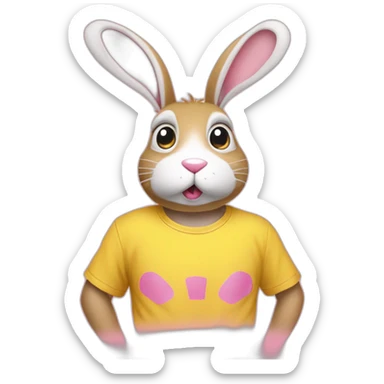 it-was-not-me,-i-am-innocent.-portrait-of-confused-nervous-pink-rabbit-raising-paws-up-in-surrender-and-staring-wearing-yellow-teeshirt sticker