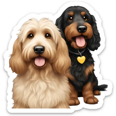 Large Brown goldendoodle and black and tan and cream longhair dachshund sitting together  sticker