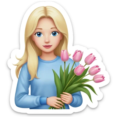 Cinematic realistic blonde with long hair, blue eyes and pink lips, dressed in jeans and a white sweatshirt, holding a bouquet of tulips in her hands sticker
