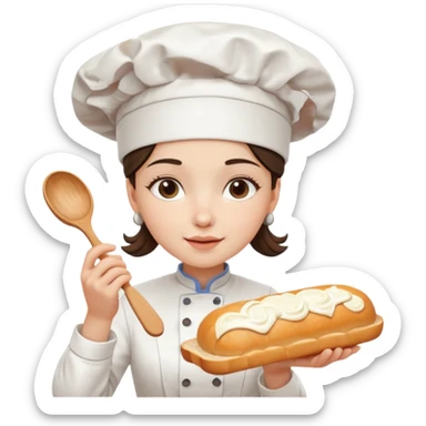 Young female baker - white chef hat, squeezing white cream pattern on bread sticker