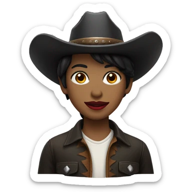 straight black hair,red lipstick,hazel eyes, white skin, a small nose and a cowboy hat  sticker