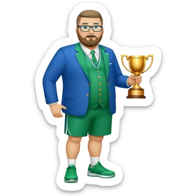 full body white obese male basketball coach with trophy. Goatee beard , Wearing glasses and blue and green suit sticker