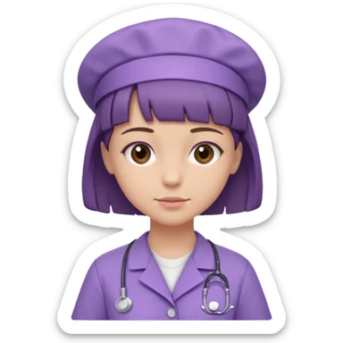 A young female slim nurse with short Brown hair with fringe over her forehead, wearing larvendar purple working cloth, show her hair style without any head wear sticker