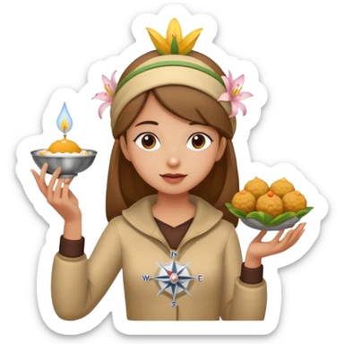 create an image similar to an emoji of a pinni / laddoo as an assamese girl navigating using a compass. She also has a lily on her head. Do not make her very human sticker