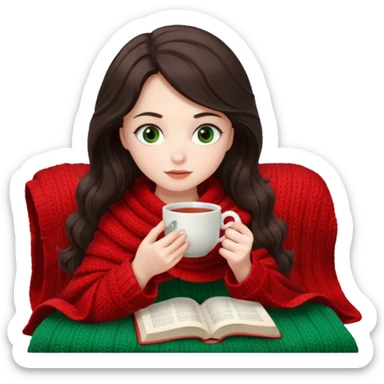 Long wavy dark brown haired, white skinned, dark green eyed girl wrapped in a red and white blanket, sipping tea and reading a book sticker