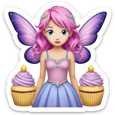 beige fairy cupcakes with yellow frosted icing on top and a enchantress fairy with tanned skin and pink hair and lilac wings and blue eyes wearing a dusky pink embellished gown decoration sticker