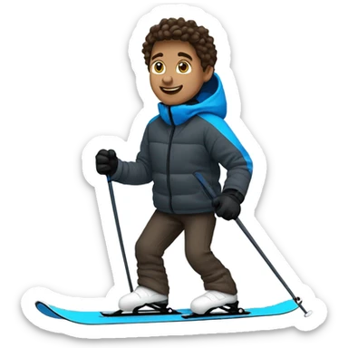 1 white Boy with wavy brown hair skiing with blue skis. He is wearing all black snow pants and a gray jacket   sticker