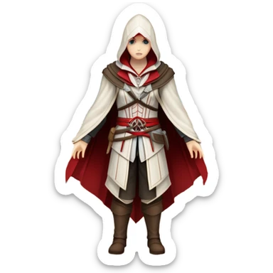 icon featuring Assasin's Creed in an iconic assassin's hood, standing tall against the backdrop of Florence. The design captures the essence of adventure, with intricate details of historical architecture and a sense of mystery. The character is poised, ready for action. transparent background. sticker
