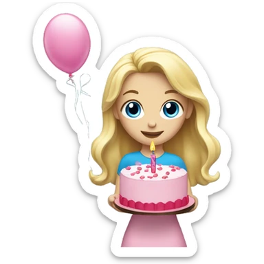 Blonde girl with blue eyes holding a pink birthday cake  sticker