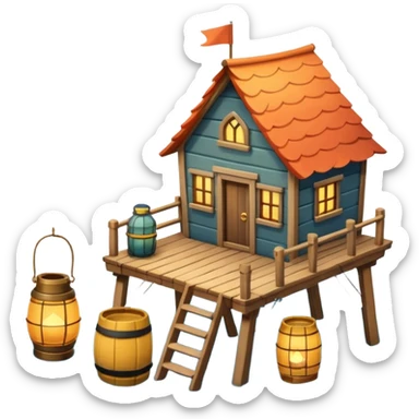 
fisherman house on a wooden pier, small dock, fishing nets hanging, barrels, lantern, ocean vibe, 3D cartoon, cute mobile game icon, clean background, no text
 sticker