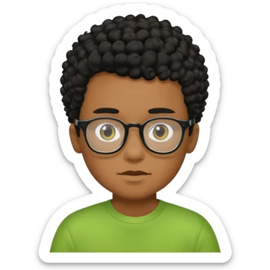 Menino pardo com cabelo curto cacheado preto raspado dos lados, de óculos preto quadrado e blusa verde e amarela sticker