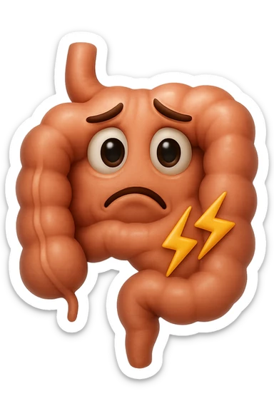 emoji stile iphone di un intestino con mal di pancia, espressione preoccupata, iperrealistica  sticker