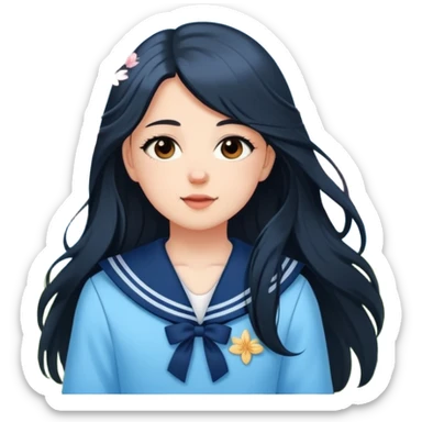 A white girl with a Black long hair, and a baby blue sailor suit, enjoying the spring breeze，Wearing cherry blossoms on your hair sticker